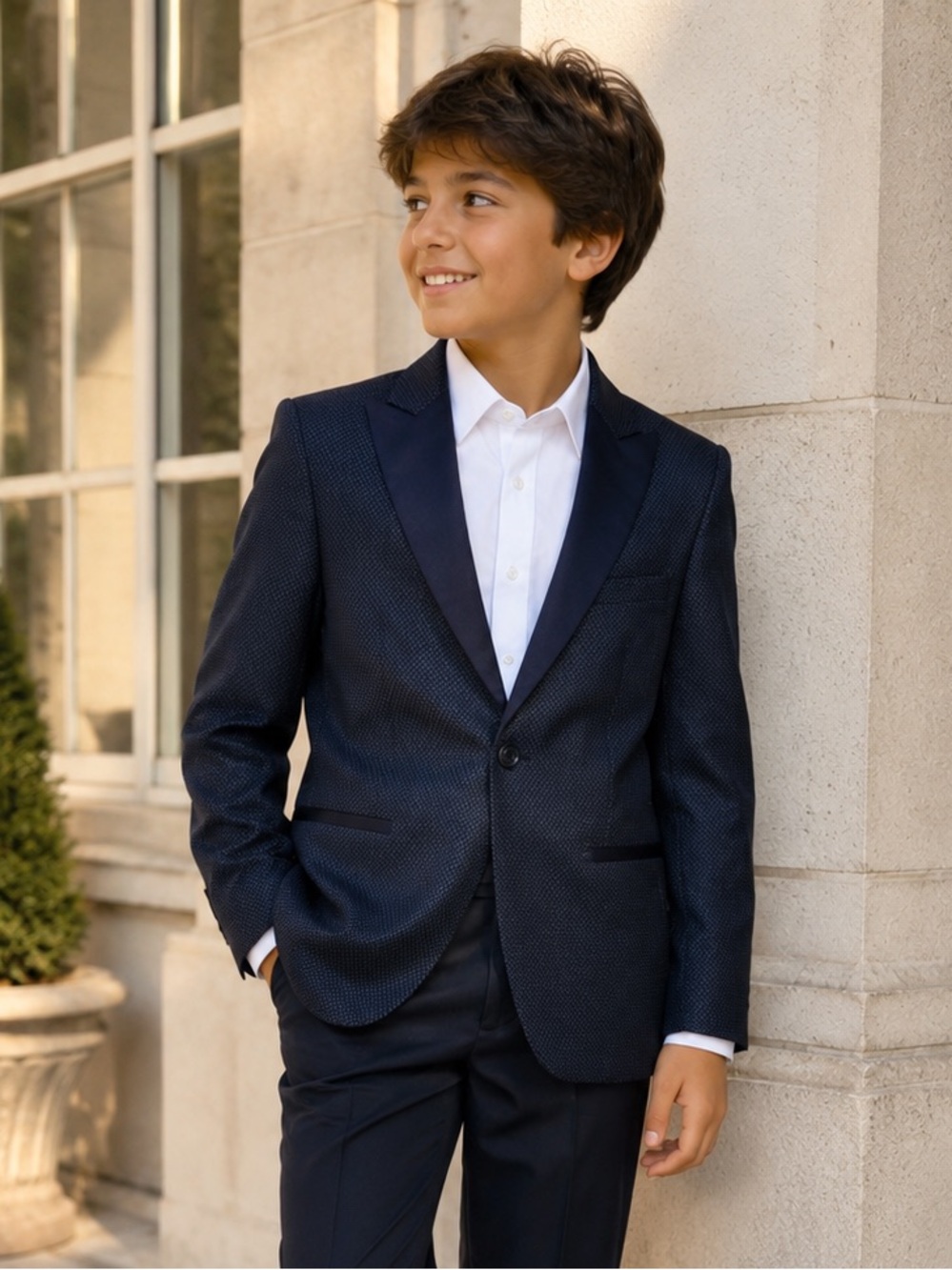 Pinoporte Boys Size 12 Navy 100% Wool Tuxedo Blazer Peak Lapel Morocco